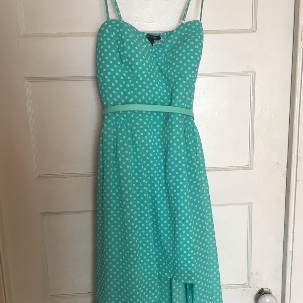 Teal Polka Dot High Low Dress with Belt